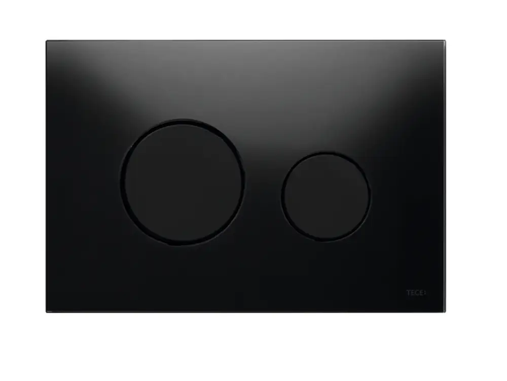 Schwarze WC-Betätigungsplatte aus Glas von TECE mit zwei schwarzen Tasten für Zweimengentechnik. Klarer, minimalistischer Entwurf ohne sichtbare Maße.
